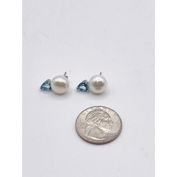 Sterling Silver 925 Pearl & Aquamarine Heart Earrings TIL China Romantic Jewelry - Picture 9 of 9